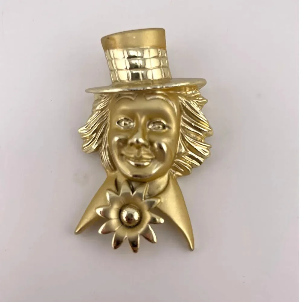 Vintage Gold Tone Clown With Hat Flower Statement‎ Brooch Pin